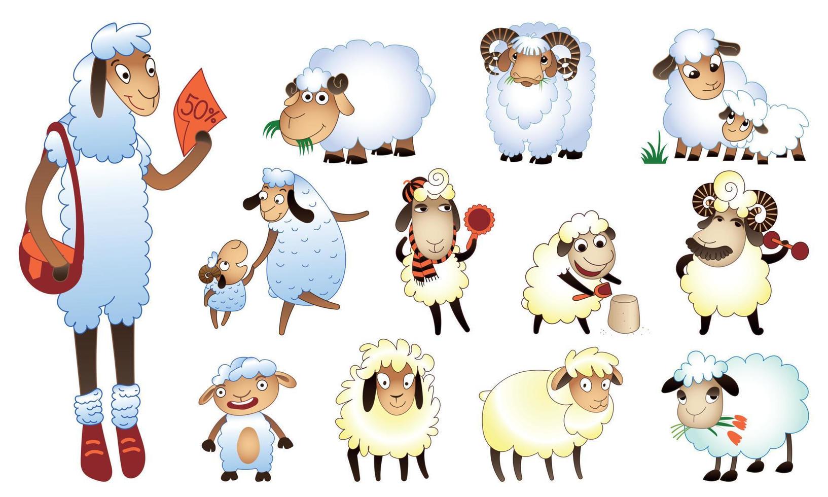 schapen iconen set, cartoon stijl vector