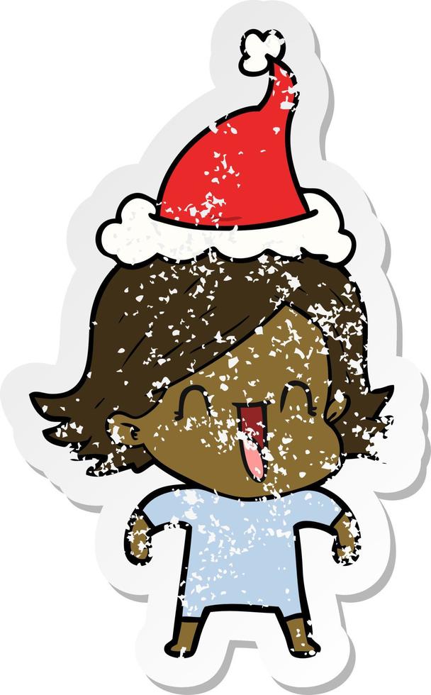 verontruste sticker cartoon van een gelukkige vrouw met een kerstmuts vector