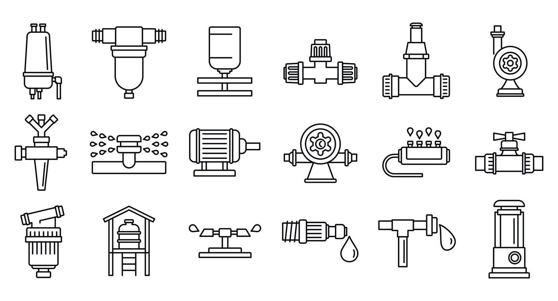 landbouwirrigatiesysteem pictogrammenset, Kaderstijl vector