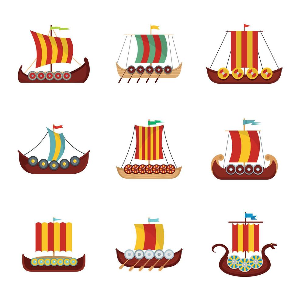 Vikingschip boot drakkar iconen set, vlakke stijl vector