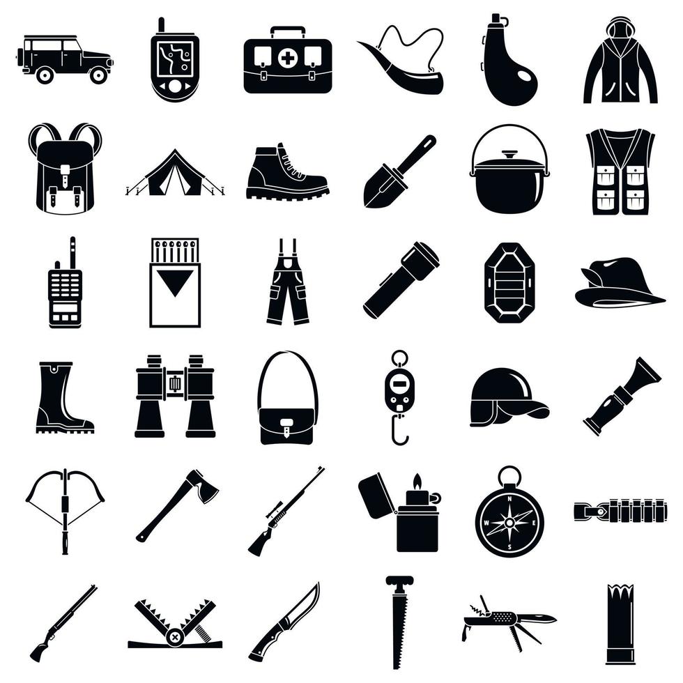 camping jachtuitrusting iconen set, eenvoudige stijl vector