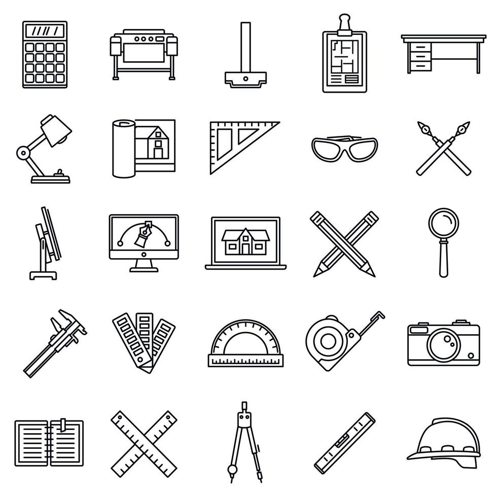 architect materiële gereedschap iconen set, Kaderstijl vector