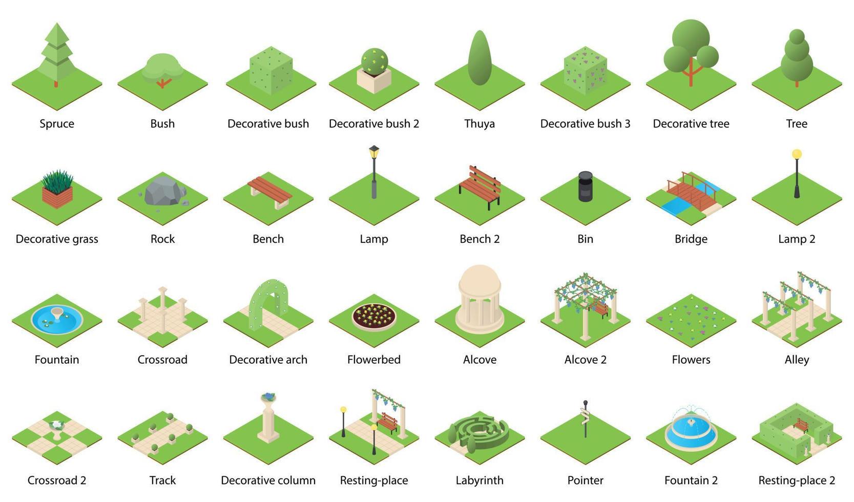 park natuurelementen iconen set, isometrische stijl vector