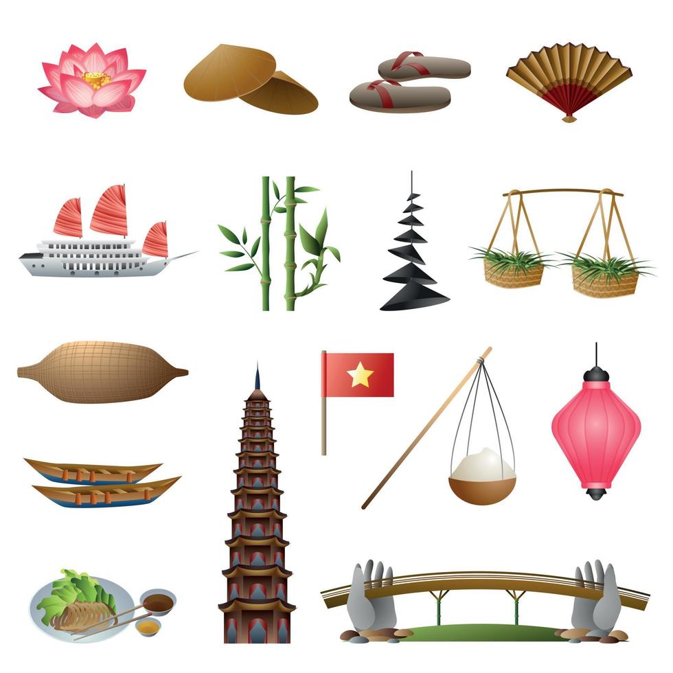 Vietnam iconen set, cartoon stijl vector