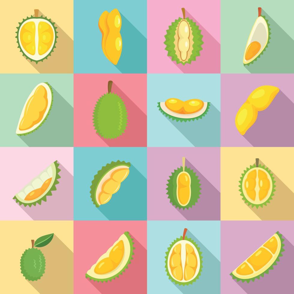 durian iconen set, vlakke stijl vector