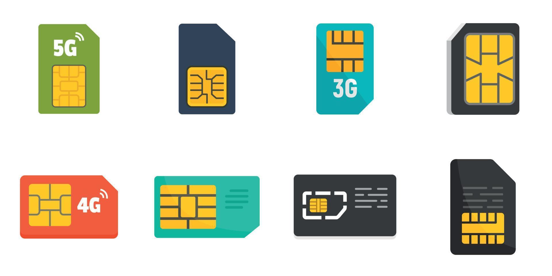 sim telefoonkaart iconen set, vlakke stijl vector