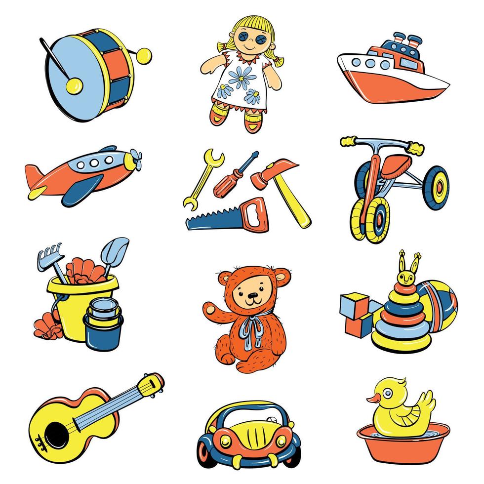 kind speelgoed kinderen iconen set, cartoon stijl vector