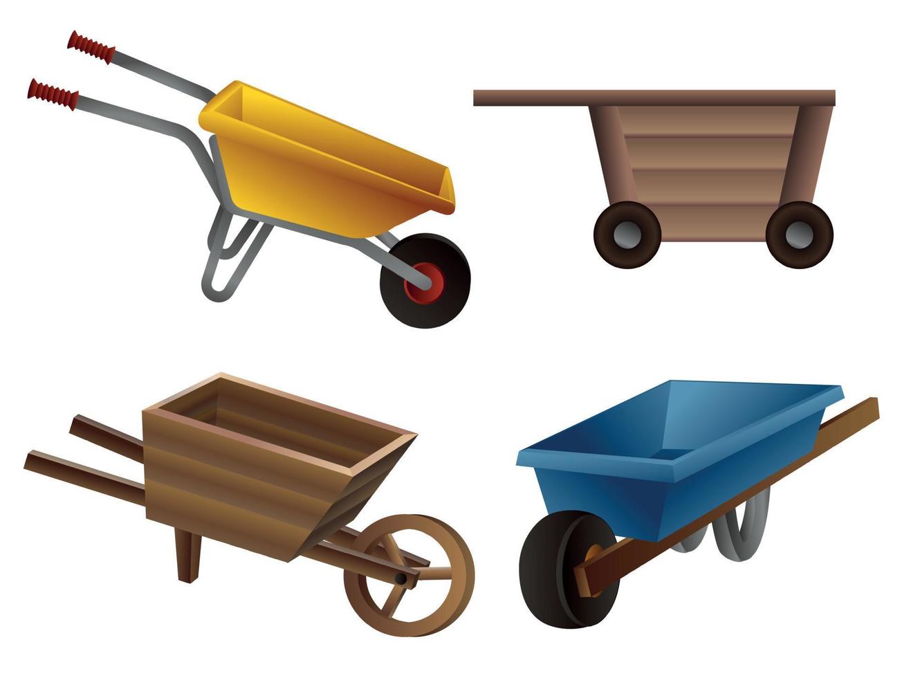 kruiwagen iconen set, cartoon stijl vector