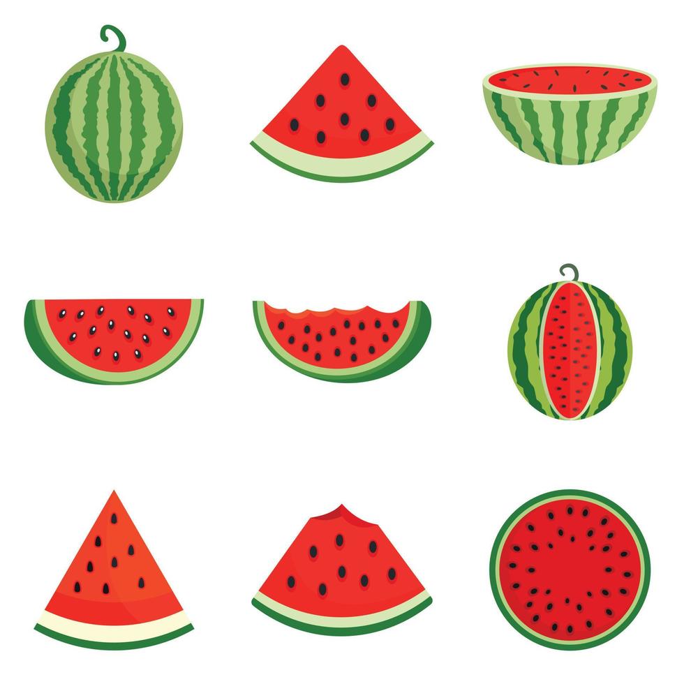 watermeloen iconen set, vlakke stijl vector