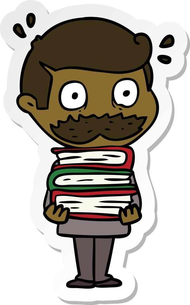 sticker van een tekenfilmman met snor en boeken vector