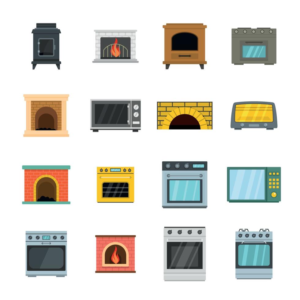 oven fornuis oven open haard iconen set, vlakke stijl vector