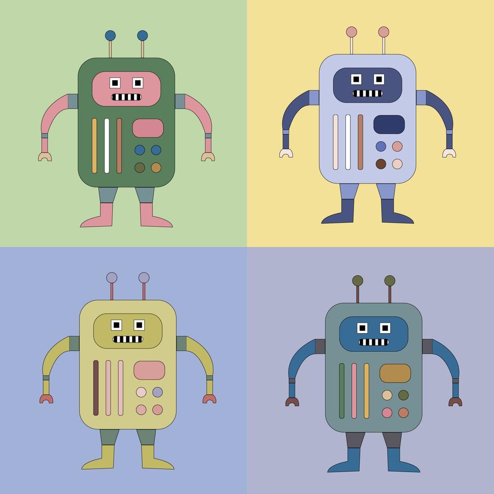 een set van vier veelkleurige robots. kinder robo achtergrond. kleur schattige kinderachtige tekening. vector