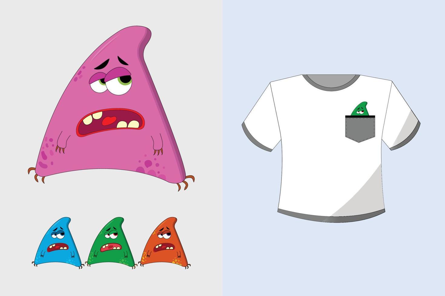 helderwit t-shirt met een zak en een monsterprint in verschillende kleuren op een effen achtergrond vector