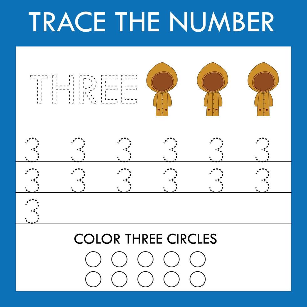 nummer drietakt werkblad met regenjas voor kinderen met fijne motoriek. educatief spel voor kleuters. vector