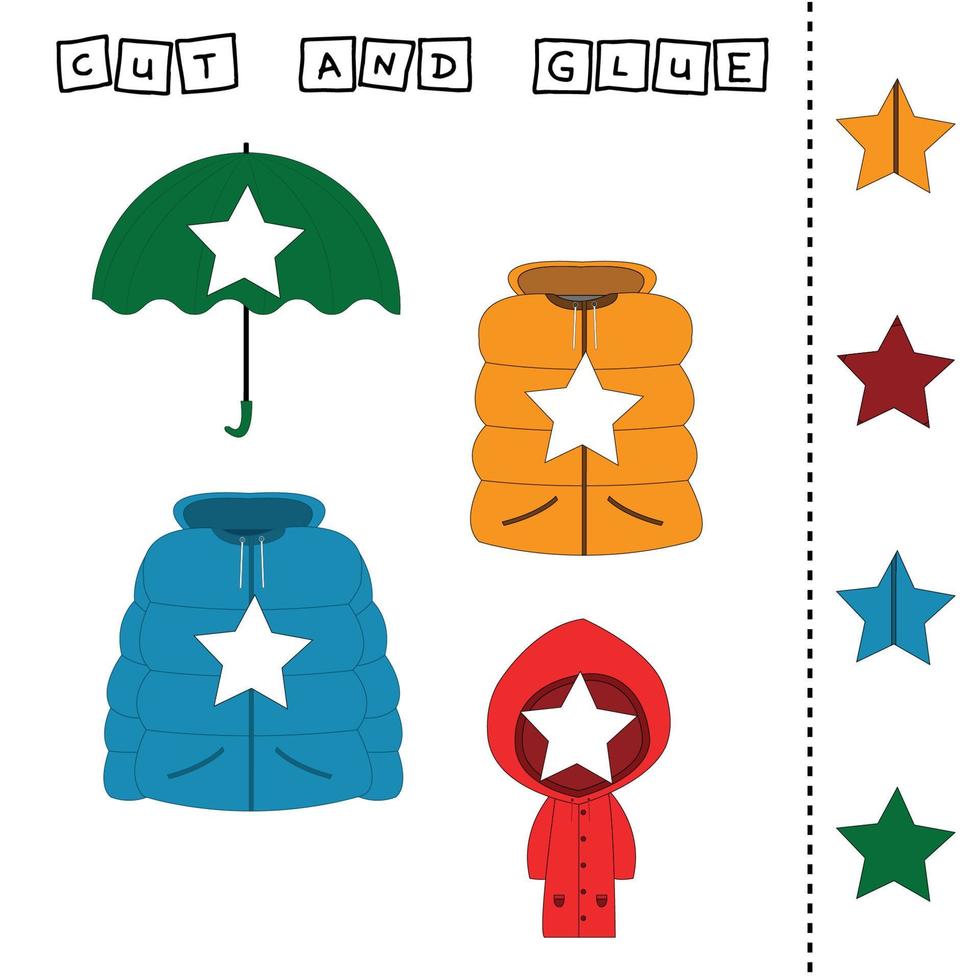 werkblad vectorontwerp, de taak is om een stuk op een regenjas, vest, jas, paraplu te knippen en te plakken. logisch spel voor kinderen. vector