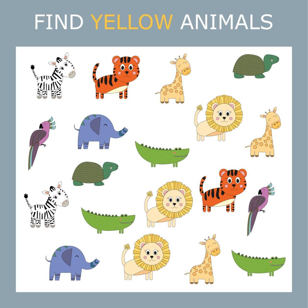 educatieve activiteit voor kinderen, vind het gele dier tussen de kleurrijke. logisch spel voor kinderen. vector