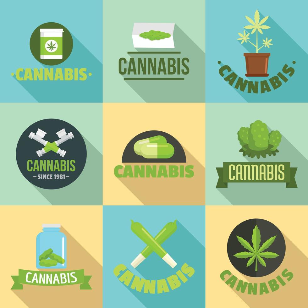 cannabisplant logo set, vlakke stijl vector