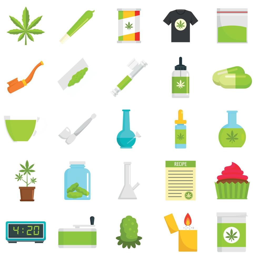 cannabis pictogrammenset, vlakke stijl vector