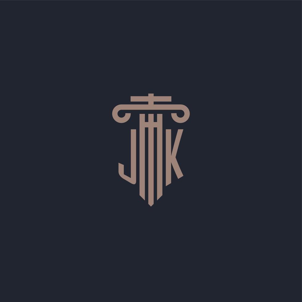 jk eerste logo-monogram met ontwerp in pilaarstijl voor advocatenkantoor en justitiebedrijf vector