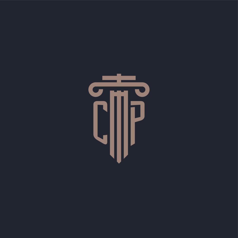 cp initieel logo-monogram met ontwerp in pilaarstijl voor advocatenkantoor en justitiebedrijf vector