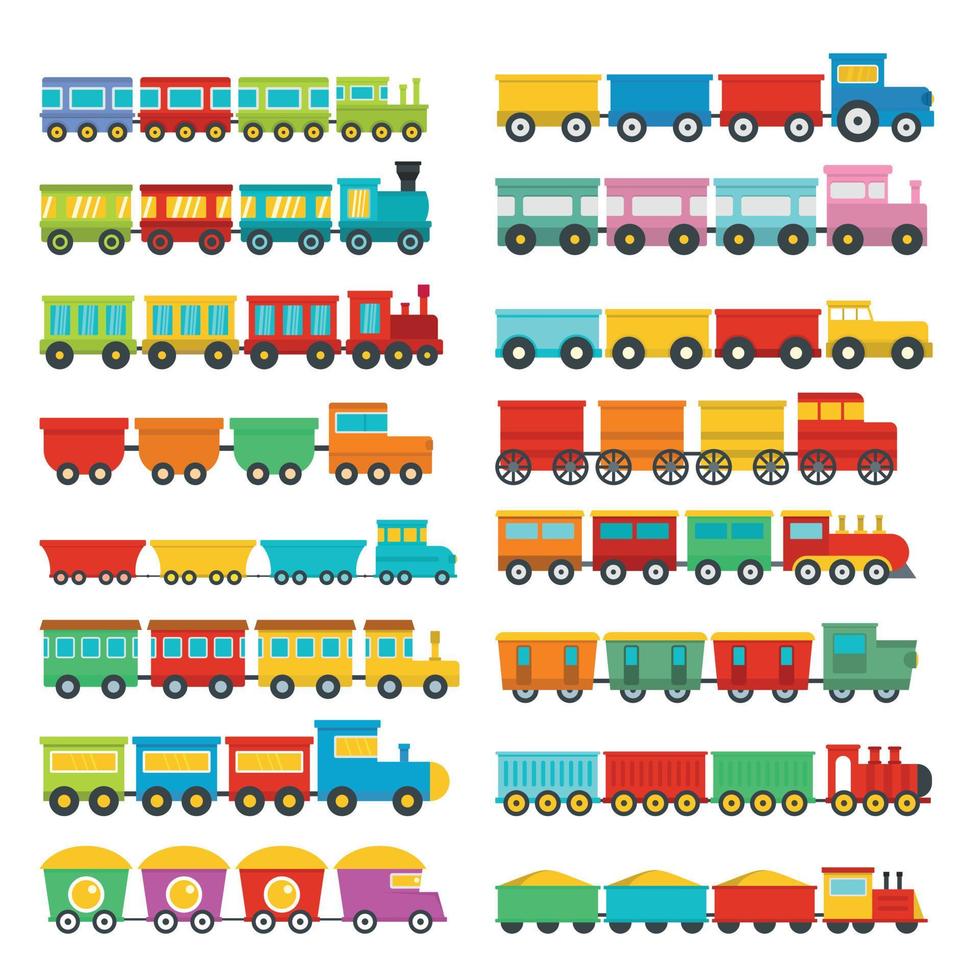 trein speelgoed kinderen iconen set, vlakke stijl vector