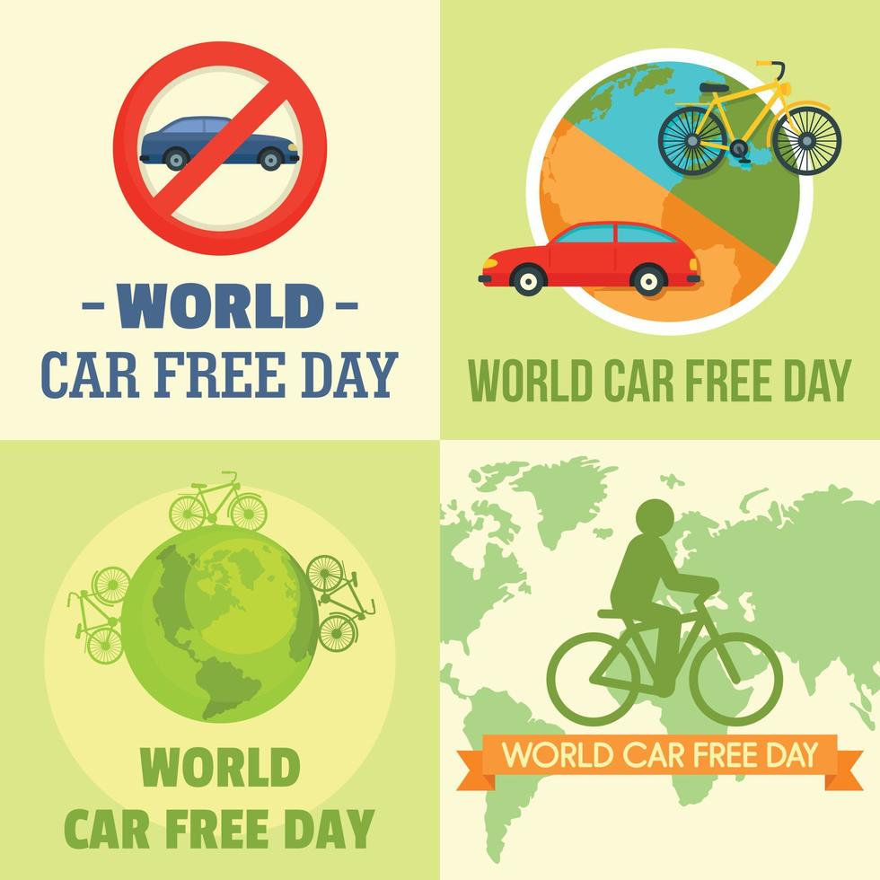 wereld autovrije dag wandelen banner set, vlakke stijl vector