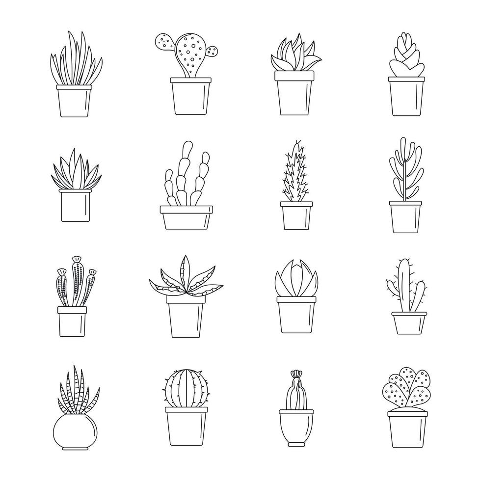 succulent en cactus iconen set, Kaderstijl vector