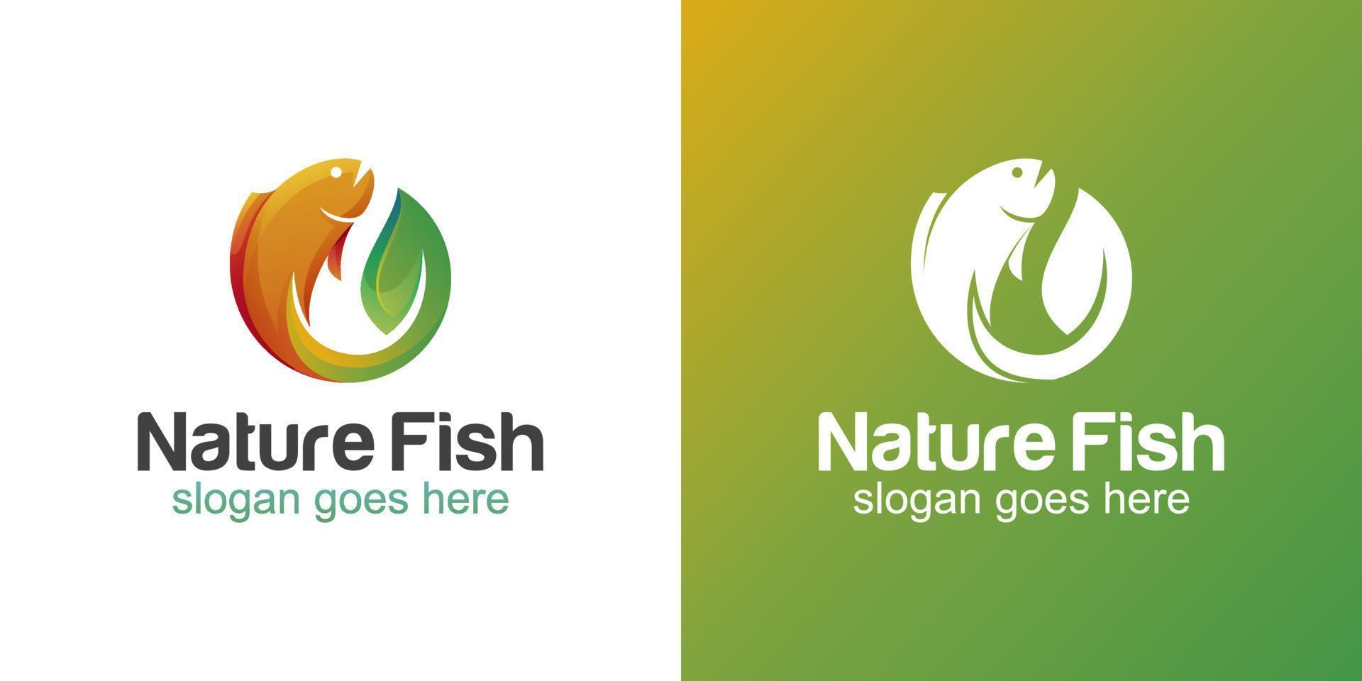 natuur blad visgradiënt en platte logo's voor vissen, visser, restaurant zeevruchten logo ontwerp vector