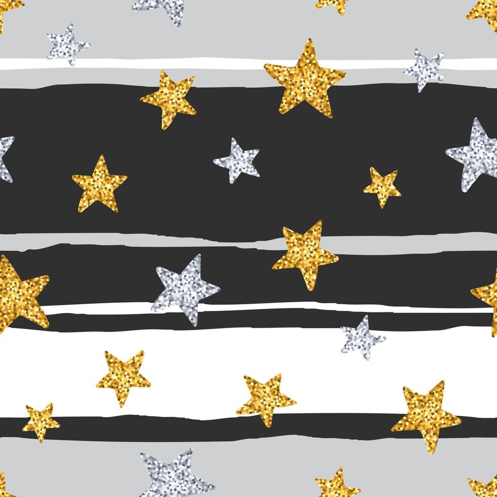 naadloos patroon met gouden en zilveren glinsterende sterren op streepachtergrond. vectorillustratie om af te drukken, plakboek of inpakpapier vector