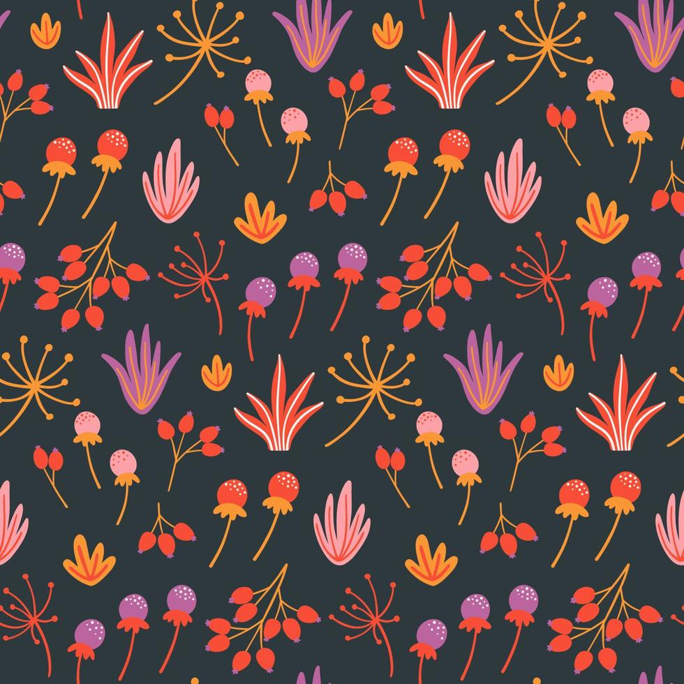naadloze bloemmotief met hand getrokken wilde bloemen, bladeren en kruiden op donkere achtergrond. herfst ontwerpsjabloon. vectorbehang. goed om af te drukken. vector