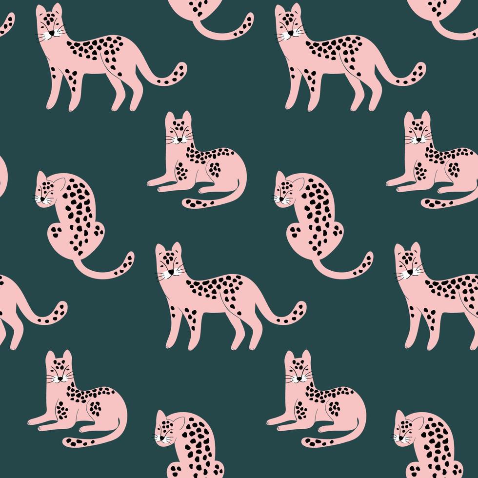 trendy hand getekend naadloos patroon met roze luipaarden op groene achtergrond. vectorafdruk. vector