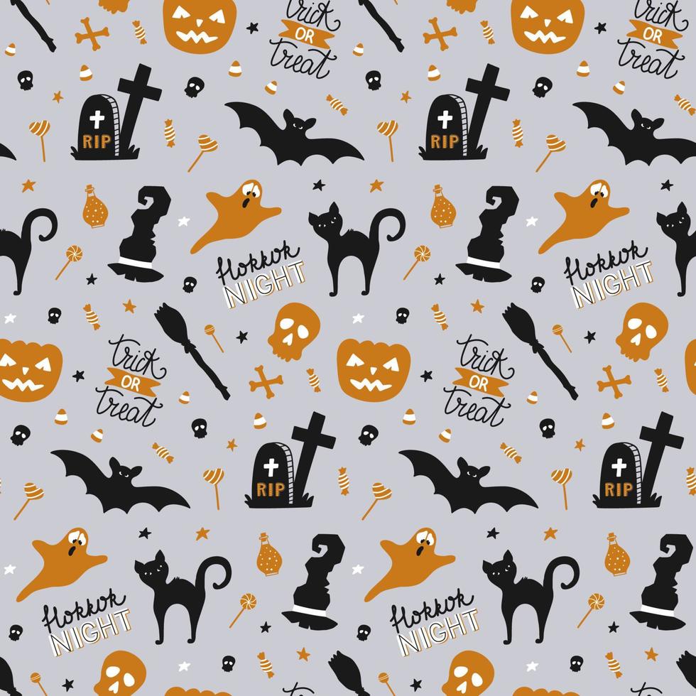 hand getekende naadloze patroon voor halloween met pompoen, snoep, spook, spin, vleermuis, heks hoed, kat, schedel, belettering. leuke doodles afdrukken. vectorbehang. vector