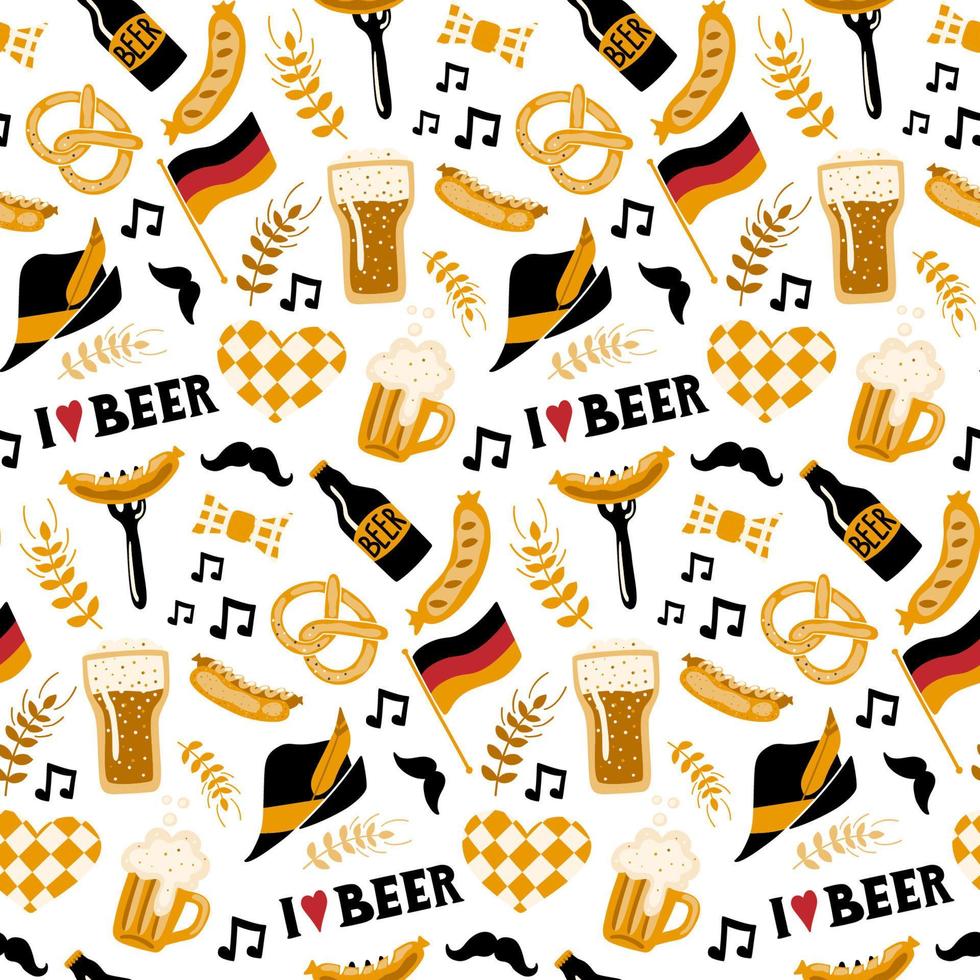 hand getekende naadloze patroon met traditionele bier fest attributen op witte achtergrond. ambachtelijke bier afdrukken. doodle stijl. vector herhalend behang.