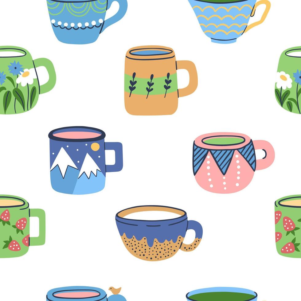 naadloos patroon met kopjes met thee of koffie. handgemaakte keramiek met handgetekende patronen op kop en mok. gekleurde trendy vectorillustratie. vector