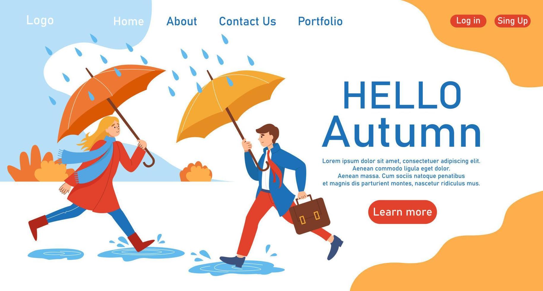 herfst thema banner. vectorillustratie van man en vrouw die in de regen lopen met paraplu's wordt geassocieerd met een herfststemming. creatieve banner, bestemmingspagina, flyer in een vlakke stijl. herfst buiten. vector