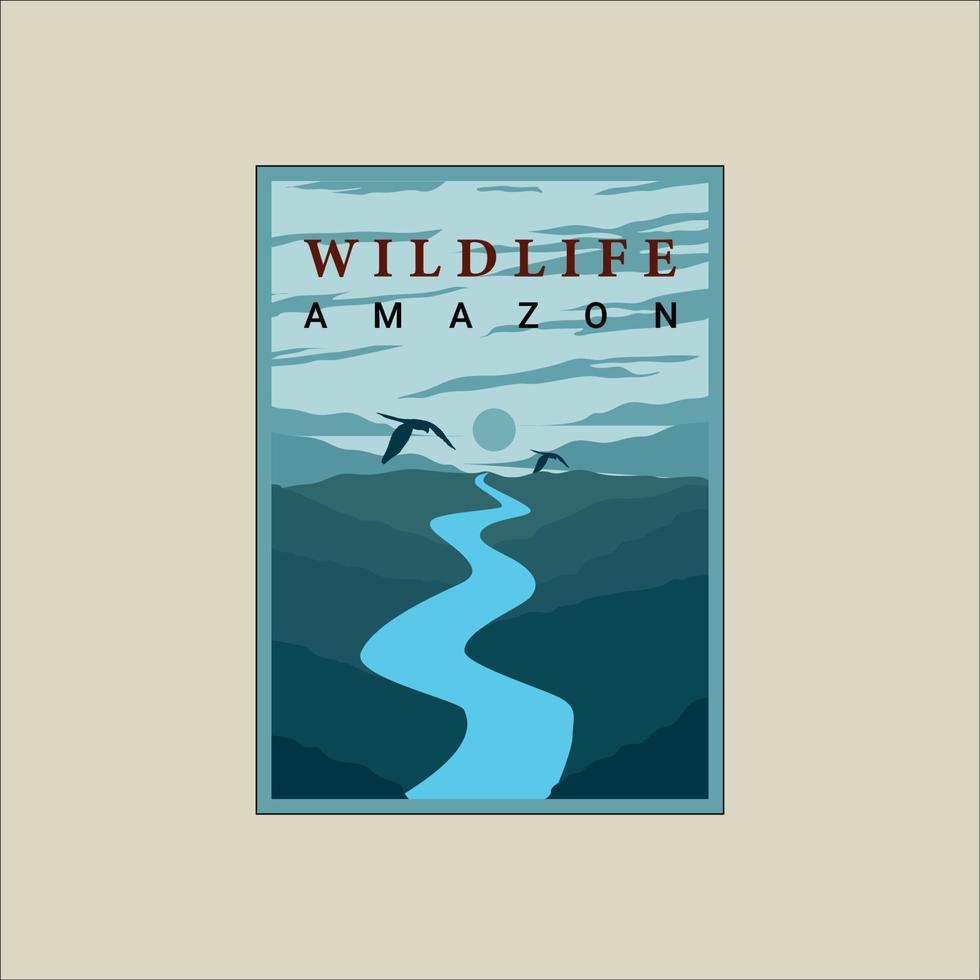 Amazone rivier met vogel poster vintage minimalistische vector illustratie sjabloon grafisch ontwerp. natuur buitenshuis bos met blauwe luchtbanner voor milieuconcept of zakenreizen
