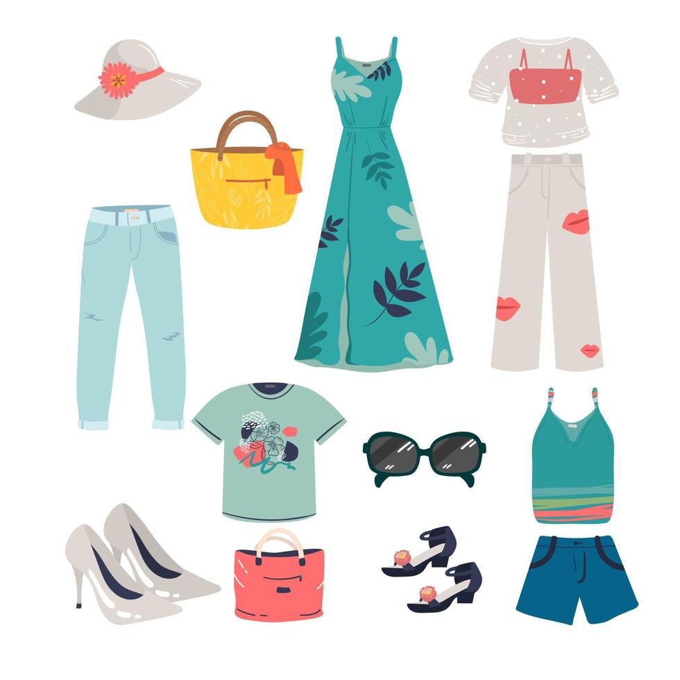 grote vrouw zomer kleding vector icon set. jurk, zomerjurk, korte broek, rok, schoenen, tas, t-shirt, hoed, bril, broek, blouse, sandalen. kleding collectie. vector illustratie