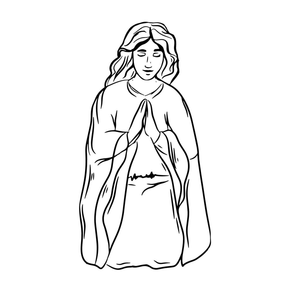 man of Jezus Christus bidt op zijn knieën religieus symbool van het christendom hand getekende vector illustratie schets zwart op wit. handtekening