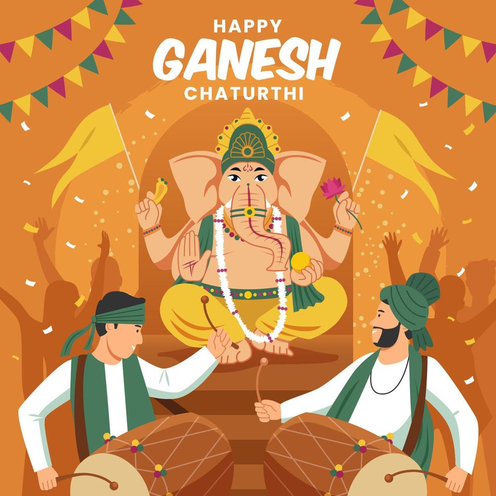 mensen die op drums slaan en ganesh chaturthi festival vieren vector