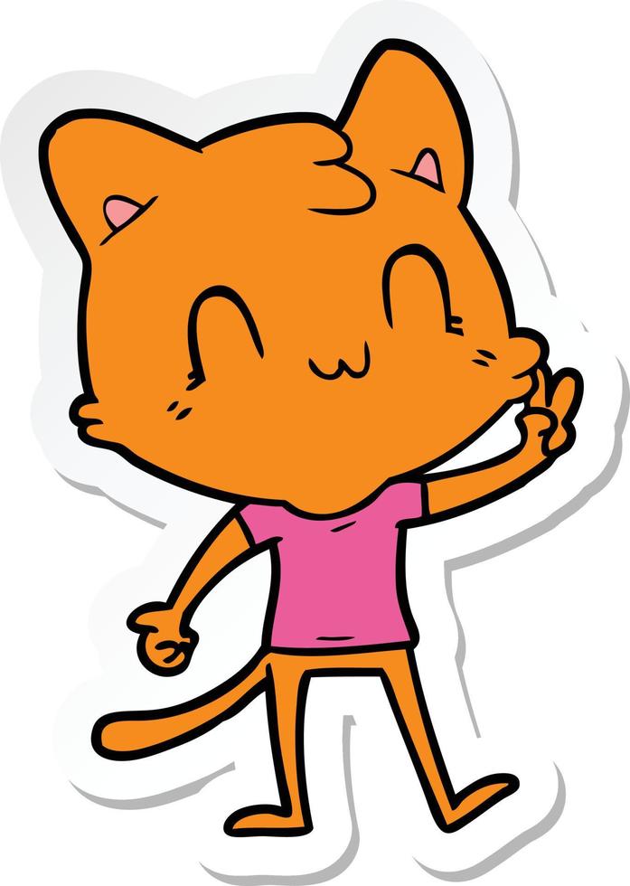 sticker van een cartoon gelukkige kat die vredesteken geeft vector