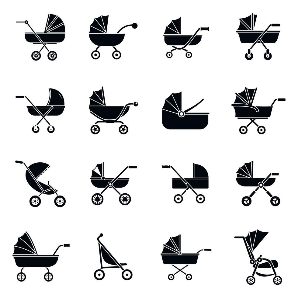 kinderwagen kinderwagen vervoer iconen set, eenvoudige stijl vector