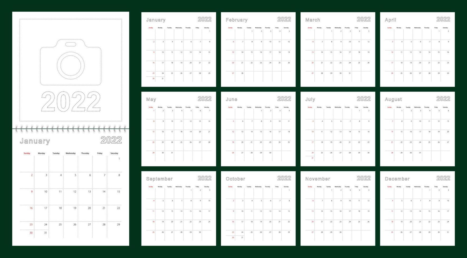 eenvoudige wandkalender 2022 jaar met stippellijnen. de kalender is in het Engels, week start vanaf zondag. vector
