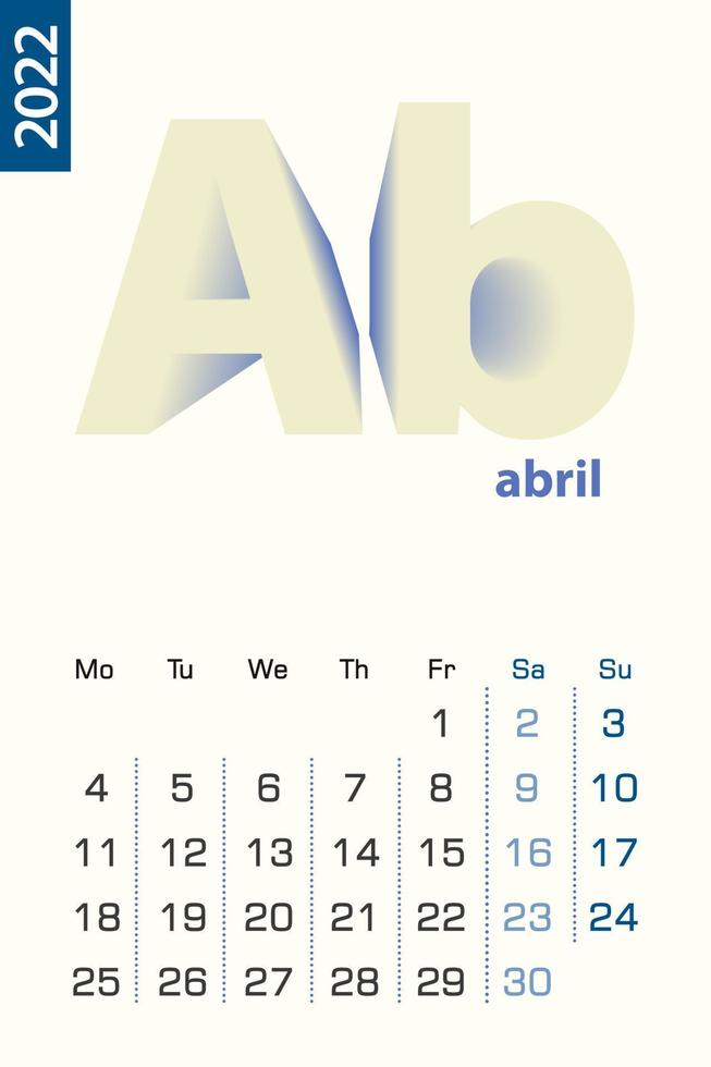 minimalistische kalendersjabloon voor april 2022, vectorkalender in de Spaanse taal. vector