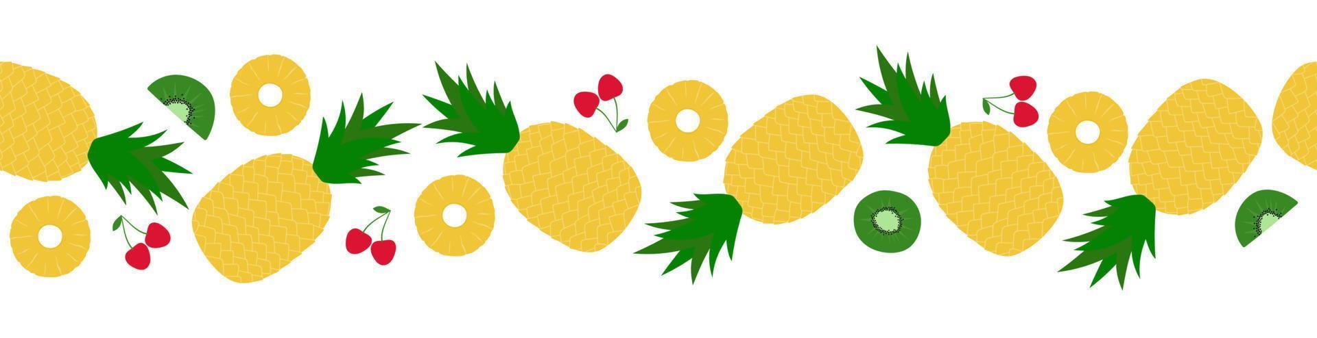 fruit en bessen naadloze grens. cartoon ananas, kiwi's en kersen op witte achtergrond vector