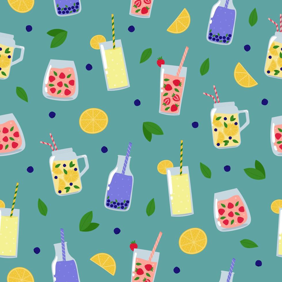 zomer drankjes naadloos patroon. sappen en limonades met fruit, bessen en bladeren op blauwe achtergrond. vector