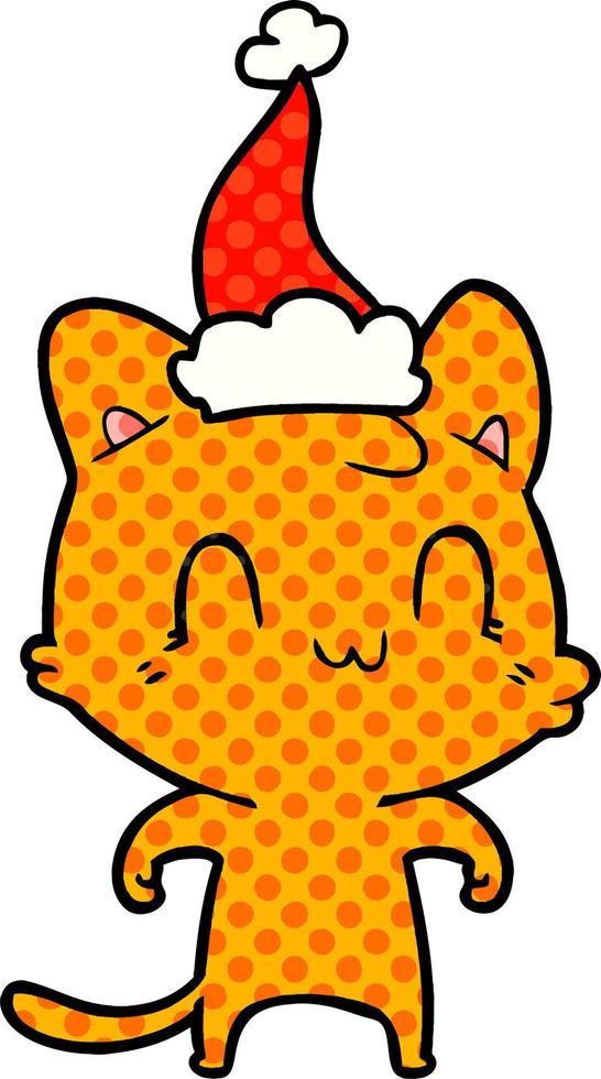 stripboekstijlillustratie van een gelukkige kat die een kerstmuts draagt vector