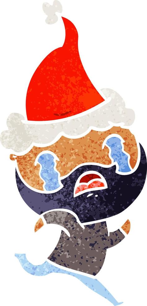 retro cartoon van een bebaarde man die huilt met een kerstmuts vector