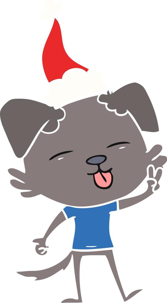 egale kleurenillustratie van een hond die zijn tong uitsteekt en een kerstmuts draagt vector