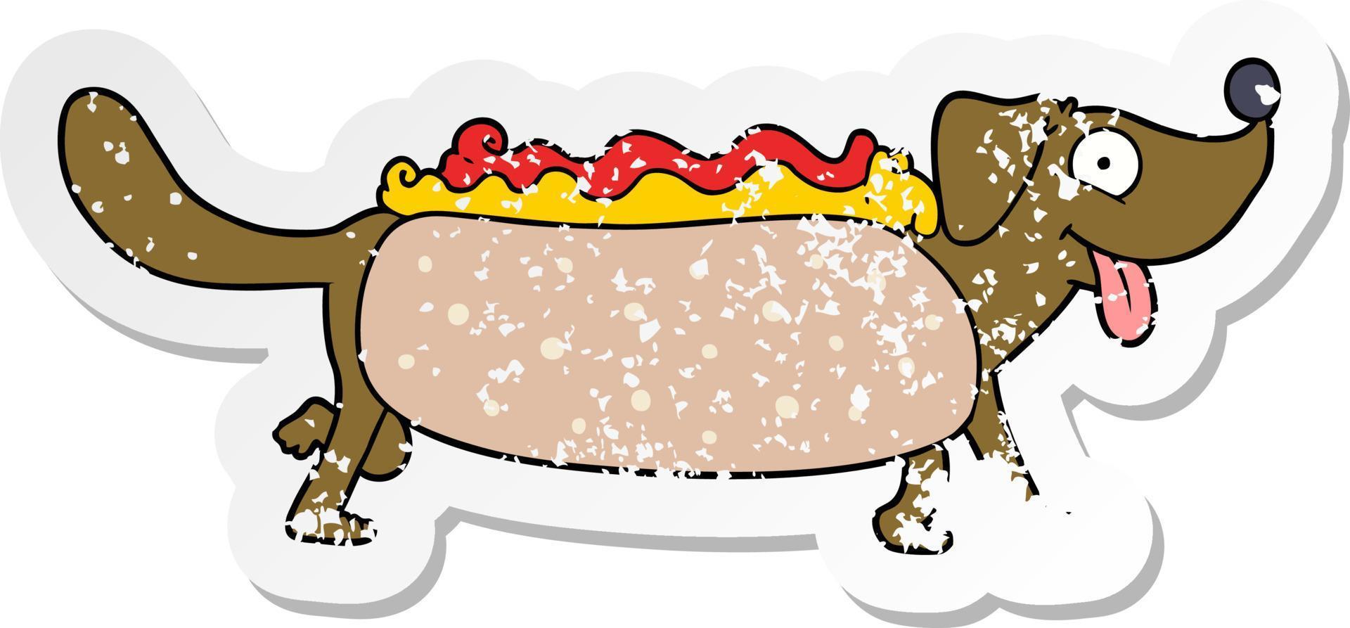 verontruste sticker van een cartoon-hotdog vector