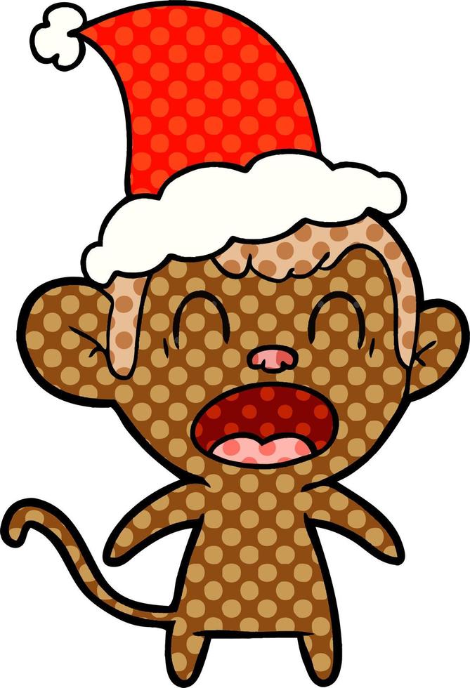 schreeuwende stripboekstijlillustratie van een aap die een kerstmuts draagt vector